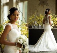 Wholesale Amazing African Style Lace Wedding Dresses Sheer Neck Back Covered Buttons Bridal Gowns Plus Size Sweep Train Newest Wedding Dresses