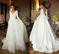 Wholesale 2019 Elegent Satin Long Sleeves Wedding Dresses Vintage Deep V Neck Open Back Beach Bohemian Plus Size Bridal Gown BC2474