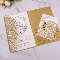 Wholesale Gold Pocket Wedding Invitations Die Cut Shimmer Trifold Invitations Cards for Quince Engagement Bridal Shower With RSVP Card by DHL