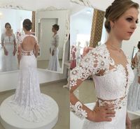 Wholesale Long Sleeve Mermaid Wedding Dresses Sexy Backless V neck Full Lace Beads Trumpet Garden Bridal Gown Wedding Dress