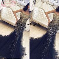 Wholesale 2019 Mermaid Evening Dresses Black Tulle Sweetheart Neckline sparkly Beaidng Crystal Sexy Luxury Floor Length prom pageant Gowns