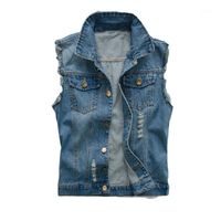 Wholesale Men s Jackets Korean Men s Jeans Vest Ripped Denim Jacket Slim Fit Sleeveless Summer Style Male Coat XL1