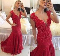 Wholesale New Arabic Style Mermaid Prom Dresses Dark Red V neck See Through Button Back Lace Pearls Cap Sleeves Reception Evening Dress