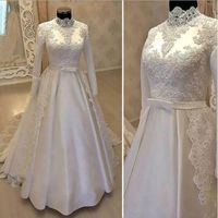 Wholesale 2020 Real Images High Neck Muslim Wedding Dresses With Long Sleeve Lace Overskirts Satin Country Bridal Gowns With Belt