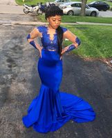 Wholesale Elegant Royal Blue Prom Dress Mermaid Lace Appliques See Through Spandex Fabric Sweep Train Formal Pageant Dress