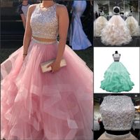 Wholesale Two Piece Ball Gown Quinceanera Prom Dresses Crystal Beaded Luxury Tiered Puffy Tulle Sweet Dresses Formal vestidos de anos Party Gown