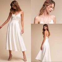 Wholesale Hot Spaghetti Straps Lace Short Wedding Dresses Satin A Line Tea Length Backless Summer Beach Bridal Wedding Gowns Country Wedding Dresses