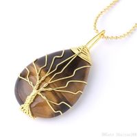 Wholesale Tree of Life Wire Wrap Pendant Necklaces Water Drop Natural Stone Bohemian Healing Chakra Tiger Eye Charm Statement Jewelry Christmas Gift
