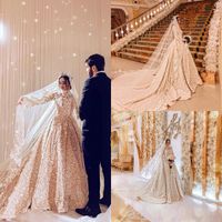 Discount luxurious muslim wedding dresses Luxurious Arabic Muslim Wedding Dresses 3D Floral Flowers High Neck Sweep Train Long Sleeve Bridal Gowns Conservative Wedding Dress