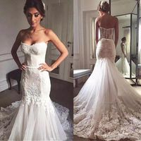 Wholesale New Arrival Stunning Backless Mermaid Wedding Dresses Sweetheart Trumpet Style Lace Appliqued Long Train Bridal Gowns Custom Made