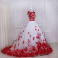 Wholesale Red And White Flowers Romantic Wedding Dresses Bridal Gowns Cheap Two Piece Sheer Neck A line Lace Applique New Arrival Hollow Back Sweep