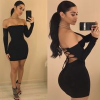 Wholesale 2019 Hot sell Party dress Autumn winter long sleeve dress Women s Sexy Off Shoulder Backless Lace Up Club Bodycon Mini Dress LYQ307
