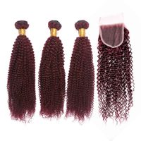 Wholesale Pure J Wine Red Kinky Curly Indian Human Hair Weaves with Closure Bundles Burgundy Kinky Curly Hair Wefts with x4 Lace Top Closure