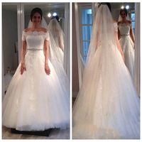 Wholesale Graceful Lace Off the shoulder Wedding Gown with Rhinestones Belt Lace Wedding Dresses with Short Sleeve A Line Discount Bridal Gowns