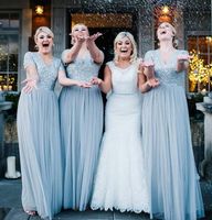 Wholesale 2020 Dusty Blue Country Bridesmaid Dresses With Top Sequin Tulle A Line Long Maid Of Honor Gown Short Sleeve V Neck Bling Party Gowns