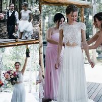 Wholesale cutside bohemain wedding dresses with sleeves jewel neck cap sleeve lace top country garden western bride wedding dress