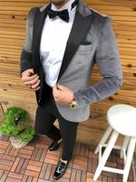 Wholesale 2020 Silver Grey Velvet Smoking Jacket Men Suits Peaked Lapel Groom Dress Prom Best Man Blazer Slim Fit Men Wedding Suits Tuxedo