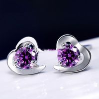 Wholesale New York Fashion Brand Tone Love heart Stud Earrings High Quality Crystal Silver Purple colors fine jewelry For Women girls
