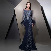 Wholesale Ziad Nakad Mermaid Evening Dresses Feather Long Sleeve Sequins Beaded Red Carpet Celebrity Dress Customized Formal Party Dress