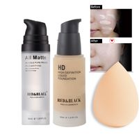 Wholesale Red Black Professional Makeup Set Matte Foundation Primer Base Make Up Kit Oil control Pores Liquid Cream Brand Cosmetic Puff