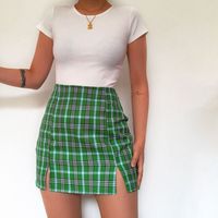 Wholesale Europe and the United States seasons hot sale women s new green plaid high waist bag hip hem split skirt skirt