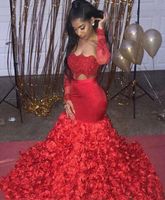 Wholesale 2019 Aso Ebi Style Prom Dresses D Rose Flowers for Women Party Wear Backless Dubai Caftan Red Long Sleeve Two Pieces Evening Gowns