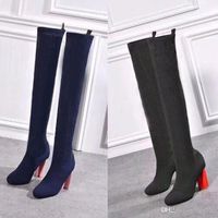 Wholesale autumn winter socks heeled heel Long boots fashion sexy Knitted elastic boot designer Alphabetic women shoes lady Letter Thick high heels Large size us4 us11