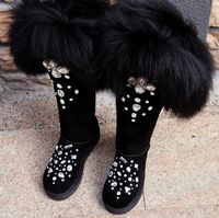 Wholesale Girl s Winter Black Bling Rhinestone Embellished Big Fox Tail Fur Over Knee Snow Boots Women Botas Plush Inside Thigh High Boots
