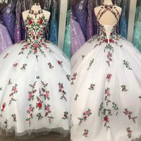 Wholesale 2020 Fabulous White D Flowers Ball Gown Quinceanera Prom Dresses Embroidery Sheer Neck Keyhole Corset Back Sweet Dress Vestidos Anos