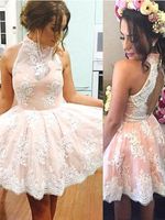 Wholesale Low Price A Line High Collar Mini Short Tulle Keyhole Back Discount Cocktail Dresses Ivory Appliques Lace Short Prom Party Dresses