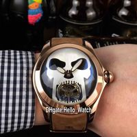 Wholesale New Bubble Rose Gold Case L390 Black Dial Silver Skull Tourbillon Automatic Mens Watch Brown Leather Strap Watches Hello_Watch Color