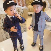 Wholesale Spring Fall Baby Kids Casual Balzer Plaid Suits For Kids Wedding Flower Boys Formal Suit Coat Pants Twinset Clothes P56