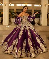 Wholesale Purple Gold Wedding Dresses Princess Women Bridal Ball Gowns Off shoulder Puffy Lace Appliques Wedding Gowns Petites Plus Size Custom Made