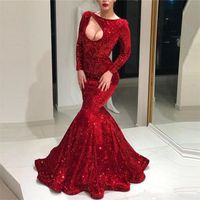 Wholesale Stunning Dark Red Sequined Prom Dresses Sexy Long Sleeves Mermaid Evening Gowns Zipper Back Shinning Celebrity Party Dress robes de soiree