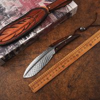 Wholesale Bone blade feather Damascus hunting knife sand iron wood handle fixed blade outdoor camping knife with handmade leather sheath