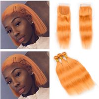 Wholesale Orange Bundles with Closure Silky Straight Burnt Orange Color Human Hair Weaves with Lace Closure Brazilian Virgin Hair Extenstions