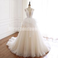 Wholesale Scoop A Line Fall Wedding Dresses Court Train Pleated Bust Non Traditional Bridal Gowns Lace Up Back Rodes De Mariee