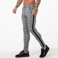 Wholesale Plaid Cotton Skinny Pants For Men Slim Fit Mens Fashion Casual Pant Plaid Grey Elastic Waist Pencil Trousers