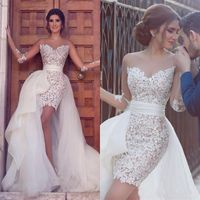 Wholesale Arabic Long Sleeves Lace Wedding Dresses With Tulle Detachable Train Illusion Short Beach Bridal Gowns robes de mariée