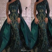 Wholesale Sexy Bling Emerald Green Sequined Mermaid Prom Dresses Arabic One Shoulder Long Sleeves Overskirts Custom Sequins Party Dress Evening Gowns