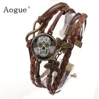 Wholesale Brown Artificial Leather Pirate Skull Pattern Bracelet Rock Biker Bracelets With Dome Round Glass Cabochon