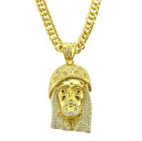 Wholesale Diamond Encrusted Alloy Fashion Pendant Necklaces Jesus Lucky Pendant Popular Logo Jewelry Figure Shape Gold Color Necklaces
