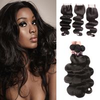 Wholesale Brazilian Body Wave Human Virgin Hair Weaves With x4 Lace Closure Bleached Knots g pc Natural Black Color Double Wefts Hair Extensions