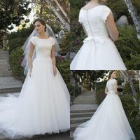 Wholesale 2020 Cheap Cap Sleeves Beaded Buttons Back Bridal Gowns Vintage Country Wedding Gowns Simple Lace Tulle Puffy Long Modest Wedding Dresses