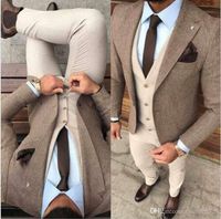 Wholesale Handsome Winter Tweed Fabric Man Business Suits Beige Groom Tuxedos Slim Fits Men Prom Party Coat Trousers Sets Jacket Vest Pants Tie W555