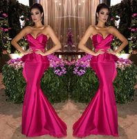 Wholesale 2020 Charming Fuchsia Satin Mermaid Long Evening Dresses Arabic Sweetheart Ruched Peplum Floor Length Formal Prom Dresses Party Gowns