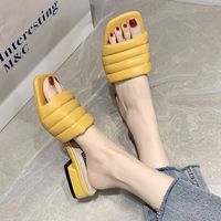Wholesale Rimocy Solid Color PU Summer Slippers Women Comfortable Low Heel Outside Beach Slides Square Toe Casual Shoes Woman Sandals