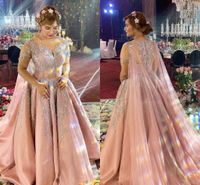 Wholesale 2020 Plus Size Arabic Aso Ebi Blush Pink Lace Beaded Wedding Dresses Sheer Neck Bridal Dresses Vintage Sexy Wedding Gowns