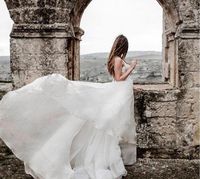 Wholesale Beach Boho Wedding Dress Lace Apliques V Neck Long Bridal Gowns Sweep Train Cheap Chiffon Customized Wedding Gowns