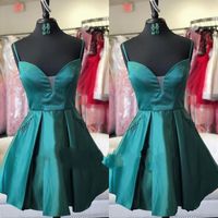Wholesale Teal Short Homecoming Dresses Spaghetti Straps Pleats Above Knee Length Mini Prom Cocktail Party Dresses Beads Graduation Gown Formal Dress